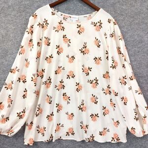 LuLaRoe Blouse Womens 2XL Cream Coral Floral Puffy Sleeve Pullover Romantic Top